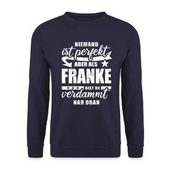 Niemand ist perfekt - Franke - Spruch - Unisex Pullover - Navy - Vorne - Alina (178cm) & Michal (187cm)
