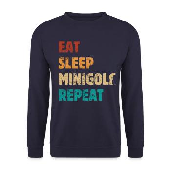 Eat Sleep Minigolf Repeat - Spruch - Unisex Pullover - Navy - Vorne - Alina (178cm) & Michal (187cm)