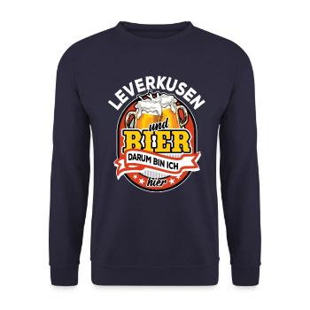 Leverkusen & Bier darum bin ich hier - Spruch - Unisex Pullover - Navy - Vorne - Alina (178cm) & Michal (187cm)