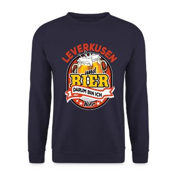 Leverkusen & Bier darum bin ich hier - Spruch - Unisex Pullover - Navy - Vorne - Alina (178cm) & Michal (187cm)