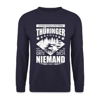Leg dich nicht mit einem Thüringer an - Spruch - Unisex Pullover - Navy - Vorne - Alina (178cm) & Michal (187cm)