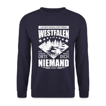 Leg dich nicht mit einem Westfalen an - Spruch - Unisex Pullover - Navy - Vorne - Alina (178cm) & Michal (187cm)