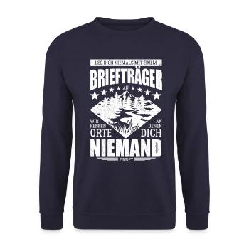 Leg dich nie mit einem Briefträger an - Spruch - Unisex Pullover - Navy - Vorne - Alina (178cm) & Michal (187cm)