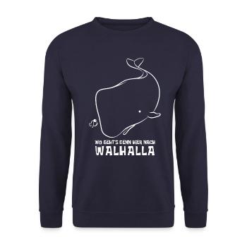 Wo geht's denn hier nach Walhalla - Wal - Spruch - Unisex Pullover - Navy - Vorne - Alina (178cm) & Michal (187cm)