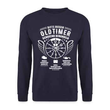 Oldtimer schonend behandeln - 70. Geburtstag - Unisex Pullover - Navy - Vorne - Alina (178cm) & Michal (187cm)