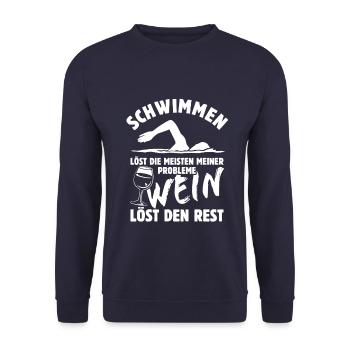 Schwimmen löst meine Probleme - Wein Spruch - Unisex Pullover - Navy - Vorne - Alina (178cm) & Michal (187cm)