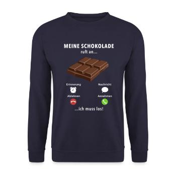 Meine Schokolade ruft an - ich muss los - Spruch - Unisex Pullover - Navy - Vorne - Alina (178cm) & Michal (187cm)