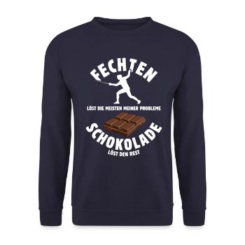 Fechten löst meine Probleme - Schoko Spruch - Unisex Pullover - Navy - Vorne - Alina (178cm) & Michal (187cm)
