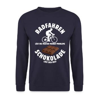 Radfahren löst meine Probleme - Schoko Spruch - Unisex Pullover - Navy - Vorne - Alina (178cm) & Michal (187cm)