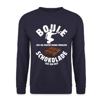 Boule löst meine Probleme - Schoko Spruch - Unisex Pullover - Navy - Vorne - Alina (178cm) & Michal (187cm)