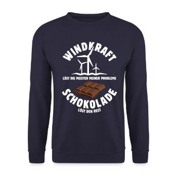 Windkraft löst meine Probleme - Schoko Spruch - Unisex Pullover - Navy - Vorne - Alina (178cm) & Michal (187cm)
