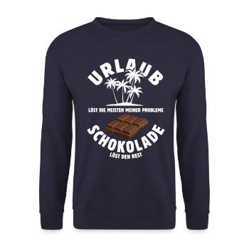 Urlaub löst meine Probleme - Schoko Spruch - Unisex Pullover - Navy - Vorne - Alina (178cm) & Michal (187cm)