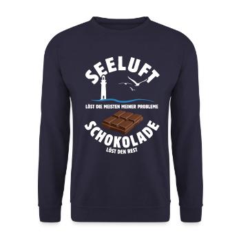 Seeluft löst meine Probleme - Schoko Spruch - Unisex Pullover - Navy - Vorne - Alina (178cm) & Michal (187cm)