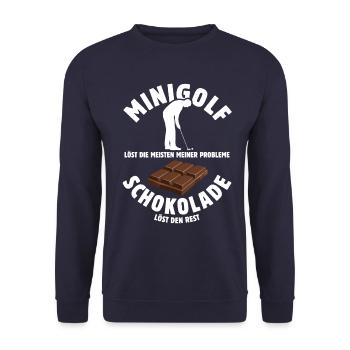 Minigolf löst meine Probleme - Schoko Spruch - Unisex Pullover - Navy - Vorne - Alina (178cm) & Michal (187cm)