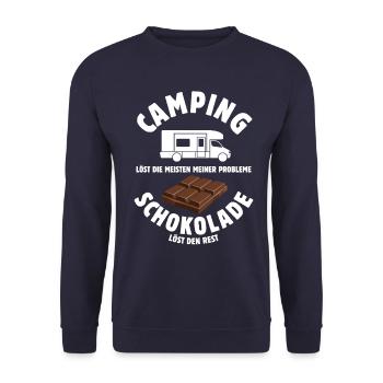 Camping löst meine Probleme - Schoko Spruch - Unisex Pullover - Navy - Vorne - Alina (178cm) & Michal (187cm)