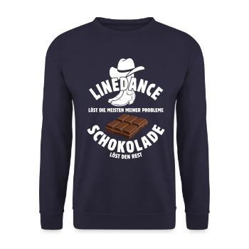 Linedance löst meine Probleme - Schoko Spruch - Unisex Pullover - Navy - Vorne - Alina (178cm) & Michal (187cm)