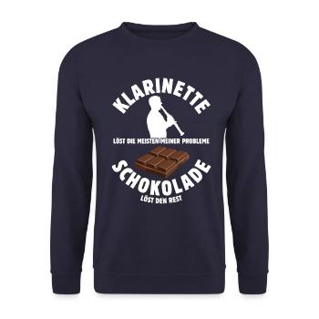 Klarinette löst meine Probleme - Schoko Spruch - Unisex Pullover - Navy - Vorne - Alina (178cm) & Michal (187cm)