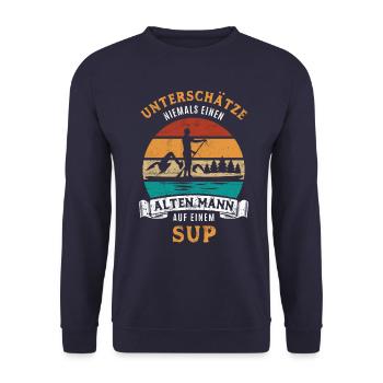 Unterschätze nie einen alten Mann mit SUP - Unisex Pullover - Navy - Vorne - Alina (178cm) & Michal (187cm)