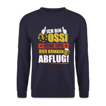 Ich bin Ossi, keine Tips Bier bringen, Abflug - Unisex Pullover - Navy - Vorne - Alina (178cm) & Michal (187cm)