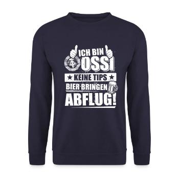 Ich bin Ossi, keine Tips Bier bringen, Abflug - Unisex Pullover - Navy - Vorne - Alina (178cm) & Michal (187cm)