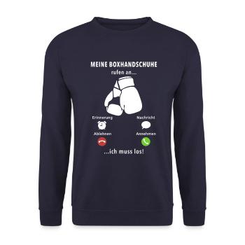 Meine Boxhandschuhe rufen an ich muss los, Spruch - Unisex Pullover - Navy - Vorne - Alina (178cm) & Michal (187cm)