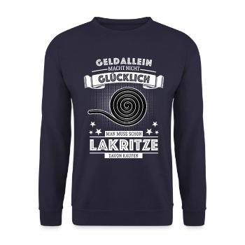 Geld allein macht nicht glücklich - aber Lakritze - Unisex Pullover - Navy - Vorne - Alina (178cm) & Michal (187cm)