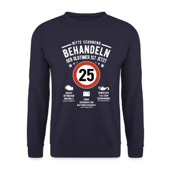 Oldtimer schonend behandeln - 25. Geburtstag - Unisex Pullover - Navy - Vorne - Alina (178cm) & Michal (187cm)