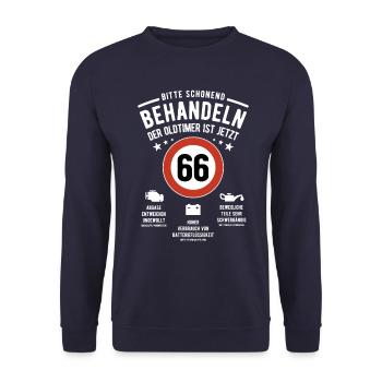 Oldtimer schonend behandeln - 66. Geburtstag - Unisex Pullover - Navy - Vorne - Alina (178cm) & Michal (187cm)