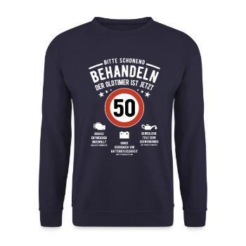 Oldtimer schonend behandeln - 50. Geburtstag - Unisex Pullover - Navy - Vorne - Alina (178cm) & Michal (187cm)