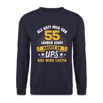 Als Gott mich vor 55 Jahren schuf - Geschenk - Unisex Pullover - Navy - Vorne - Alina (178cm) & Michal (187cm)