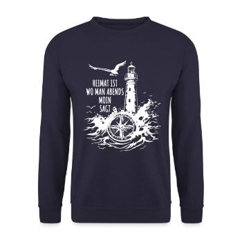 Heimat ist wo man abends moin sagt - Leuchtturm - Unisex Pullover - Navy - Vorne - Alina (178cm) & Michal (187cm)