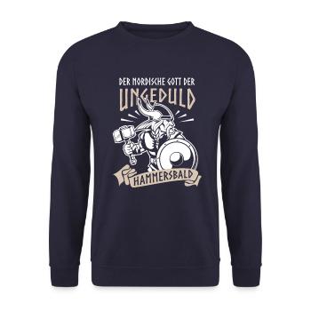 Der nordische Gott der Ungeduld - Hammersbald - Unisex Pullover - Navy - Vorne - Alina (178cm) & Michal (187cm)