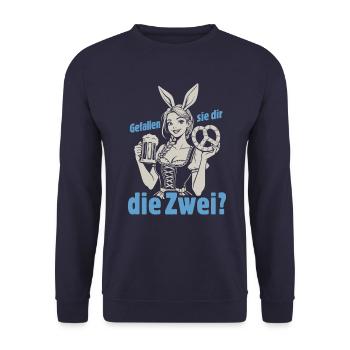 Gefallen sie dir, die Zwei? Dirndl Bier & Bretzen - Unisex Pullover - Navy - Vorne - Alina (178cm) & Michal (187cm)