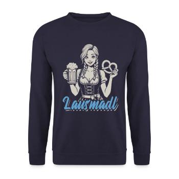Lausmadl - Madl im Dirndl - Bier und Bretzel - Unisex Pullover - Navy - Vorne - Alina (178cm) & Michal (187cm)