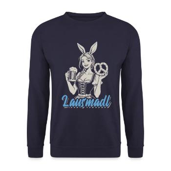 Lausmadl - Madl im Dirndl - Bier und Bretzel - Unisex Pullover - Navy - Vorne - Alina (178cm) & Michal (187cm)