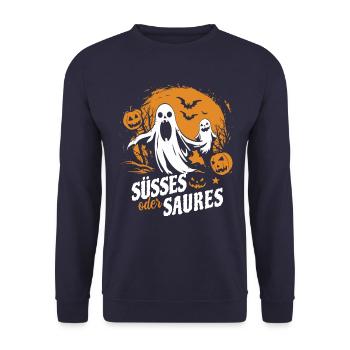 Halloween Kürbis Kostüm - Süßes oder Saures - Unisex Pullover - Navy - Vorne - Alina (178cm) & Michal (187cm)