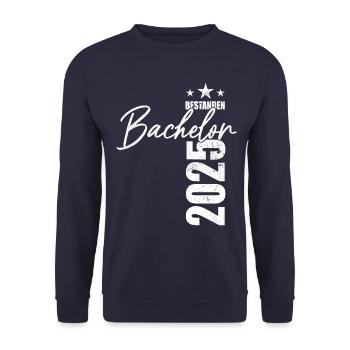 Bachelor bestanden 2025 - Prüfung - Erfolg - Unisex Pullover - Navy - Vorne - Alina (178cm) & Michal (187cm)