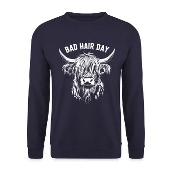 Schottisches Hochlandrind - Spruch - Bad Hair Day - Unisex Pullover - Navy - Vorne - Alina (178cm) & Michal (187cm)