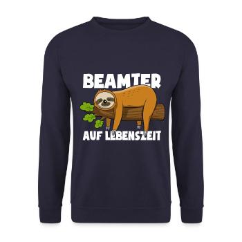 Faultier Beamter auf Lebenszeit - Spruch - Unisex Pullover - Navy - Vorne - Alina (178cm) & Michal (187cm)