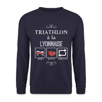 Triathlon à la lyonnaise apéro bouffe rebelote - Sweat-shirt Unisexe - marine - Devant - Alina (178cm) & Michal (187cm)