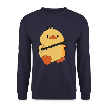 lustige Ente mit Schwert - Katana - Unisex Pullover - Navy - Vorne - Alina (178cm) & Michal (187cm)
