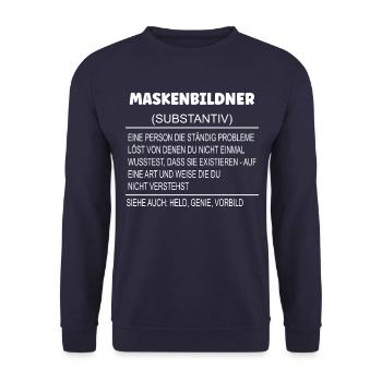 Wörterbuch Erklärung MASKENBILDNER Held, Genie - Unisex Pullover - Navy - Vorne - Alina (178cm) & Michal (187cm)
