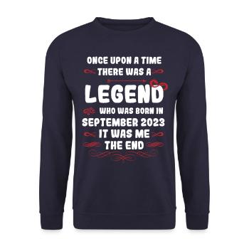 Es war einmal eine Legende. September 2023 Geburts - Unisex Pullover - Navy - Vorne - Alina (178cm) & Michal (187cm)
