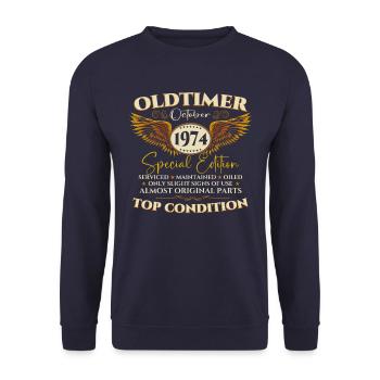 Oldtimer October 1974 48th birthday gift - Unisex Sweatshirt - navy - Front - Alina (178cm) & Michal (187cm)