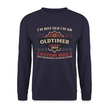 65. Geburtstag Mann Oldtimer Januar Jahrgang 1959 - Unisex Pullover - Navy - Vorne - Alina (178cm) & Michal (187cm)