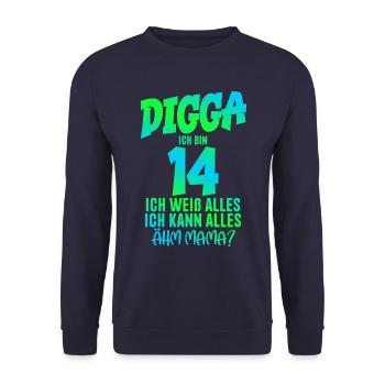 14. Geburtstag Digga ich bin 14 Ich Kann Alles - Unisex Pullover - Navy - Vorne - Alina (178cm) & Michal (187cm)