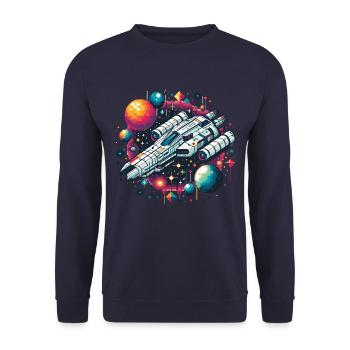 VAISSEAU SPATIAL, RÉTRO, JET, PIXEL, PLANÈTE, ESPACE, GALAXIE - Sweat-shirt Unisexe - marine - Devant - Alina (178cm) & Michal (187cm)