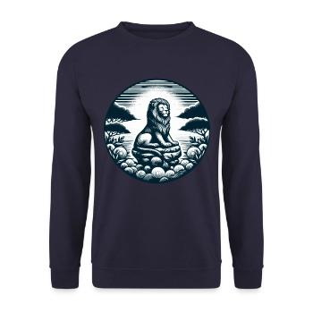 LION, ROCHE, CALME, MÉDITATION, FORCE, CONCENTRATION, SAVANE - Sweat-shirt Unisexe - marine - Devant - Alina (178cm) & Michal (187cm)