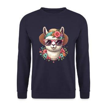 ALPAKA SOMMERHUT BLUME STRAUSS HIPPIE BRILLE KETTE - Unisex Pullover - Navy - Vorne - Alina (178cm) & Michal (187cm)