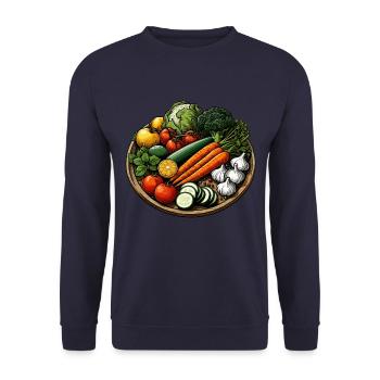 GEMÜSEPLATTE GEMÜSE PFLANZE BUNT VEGETARISCH VEGAN - Unisex Pullover - Navy - Vorne - Alina (178cm) & Michal (187cm)